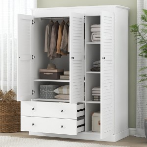TIRAMISUBEST 3 Shutter Door Wardrobe Closet with 2 Storage Drawers and Hanging Rod, Wooden Armoire Clothes Organizer with Storage Shelves - 1 of 4