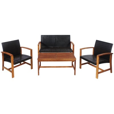 Tangkula 4PCS Patio Conversation Set Outdoor Furniture Set w/ Acacia Wood Frame