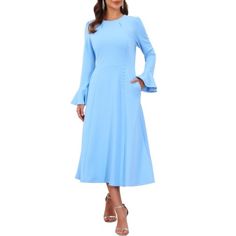 Женские платья INSPIRE CHIC Women's Church Formal Bell Sleeve Crew Neck Knee Length Side Pocket A-Line Dress XX-Large Sky Blue