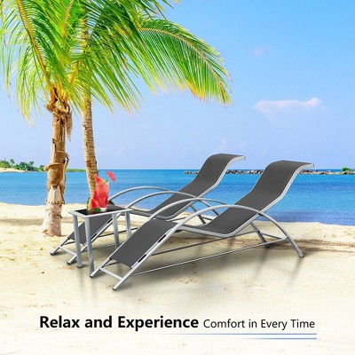 Black Aluminum 3-Piece Outdoor Chaise Lounge Set with Table