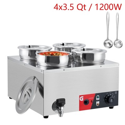 Commercial Soup Warmer 4x3.5 Quart Well Bain Marie 1200W With Adjustable Temp & Faucet