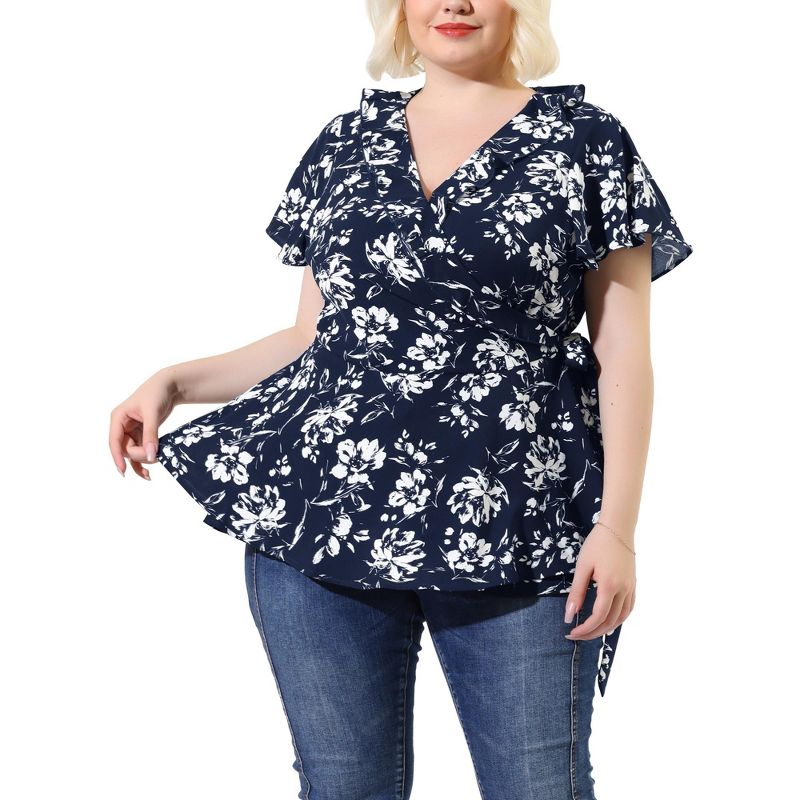 Agnes Orinda Women's Plus Size Relaxed Fit Ruffle Neck Floral Wrap Tie Waist Blouse, 1 of 8