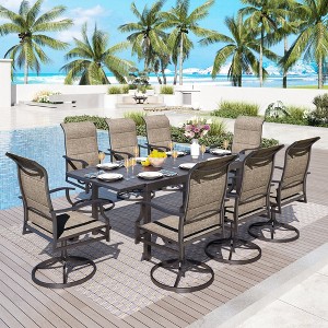 Captiva Designs 9pc Spacious Slat-top Metal Table with Umbrella Hole & Padded Textilene Swivel Chairs - 1 of 4