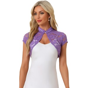 INSPIRE CHIC Women's Lace Stand Collar Pearl Button Short Sleeve Cropped Shrug - 1 of 4
