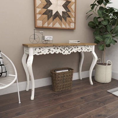 Elegant Farmhouse 46" White and Brown Wood Carved Console Table