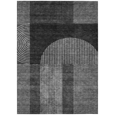 Charcoal Gray And Silver Geometric Washable Indoor Outdoor Area Rug
