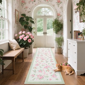 Floral Rugs for Living Room Bedroom Washable Bow Pattern Area Rug Non Slip Low Pile Indoor Home Decor Carpet - 1 of 4