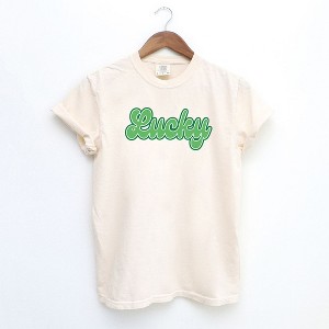 Simply Sage Market Women's Green Lucky Cursive St. Patrick's Day Short Sleeve Garment Dyed Tee - 1 of 2