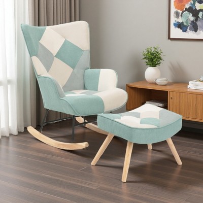 Mid-Century Patchwork Rocking Chair with Ottoman and Wood Legs