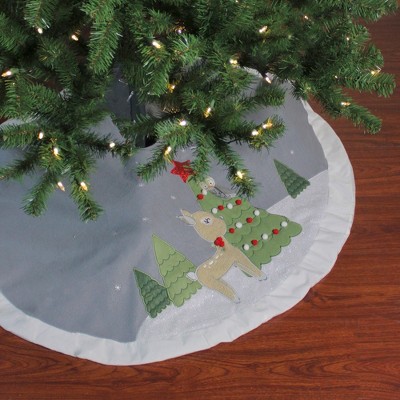 Gray and White Felt Christmas Tree Skirt with Deer and Owl
