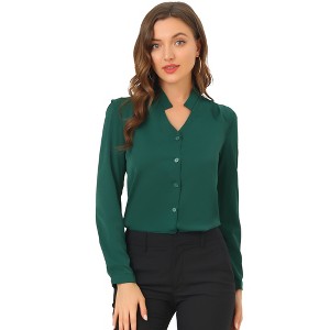 Allegra K Women's Elegant V Neck Work Office Button Up Shirt - 1 of 4