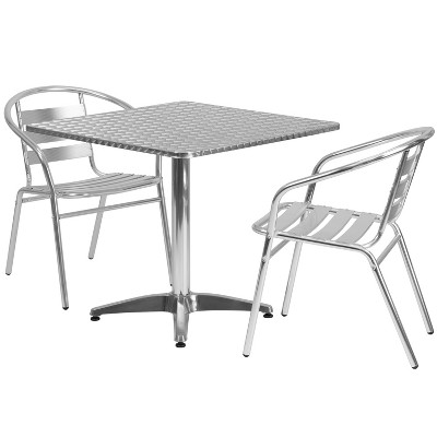 Flash Furniture 31.5'' Square Aluminum Indoor-Outdoor Table Set with 2 Slat Back Chairs