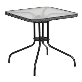 Emma and Oliver 28" Square Tempered Glass Metal Table with Rattan Edging