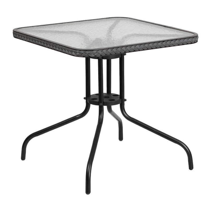 Emma and Oliver 28" Square Tempered Glass Metal Table with Rattan Edging, 1 of 8