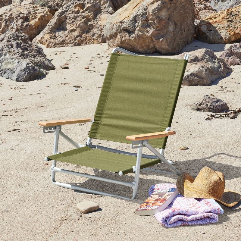 Recycled Fabric 5 Position Aluminum Outdoor Portable Beach Chair with Wood Arms Green - Threshold&#8482;, 3 of 8