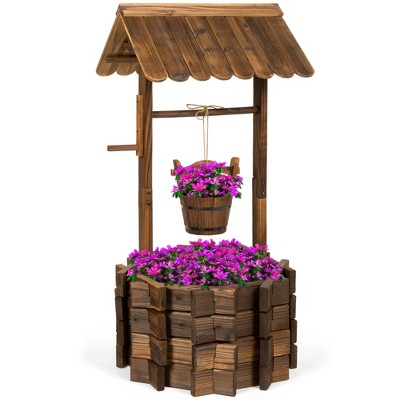 Best Choice Products Rustic Wooden Wishing Well Planter Outdoor Home Decor for Patio, Garden, Yard w/ Hanging Bucket