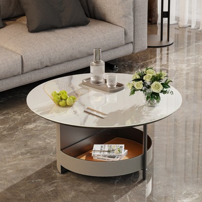 Artloge Round Coffee Side Table with Sintered Stone-Top Microfiber Saddle Leather Shelf