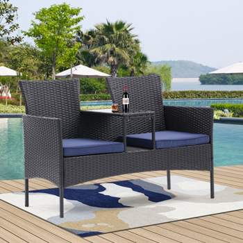 All Weather PE Rattan Patio Loveseat Set, Outdoor Furniture with Built-in Coffee Table - The Pop Home