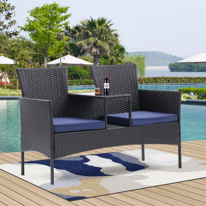 All Weather PE Rattan Patio Loveseat Set, Outdoor Furniture with Built-in Coffee Table - The Pop Home, 1 of 7