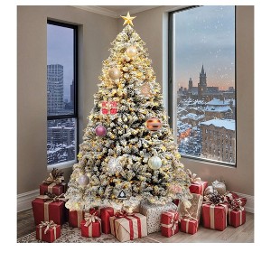 6ft/7.5ft/9ft Pre-lit Snow Flocked Christmas Tree with Remote, Hinged Pine Christmas Tree and Foldable Base for Home, Party Decoration - 1 of 4