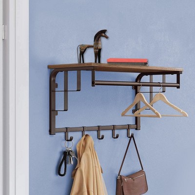 Royal Hampton 26 Inch Industrial Wall Mount Coat Rack with Metal Frame, 5 Hooks and 1 Shelf