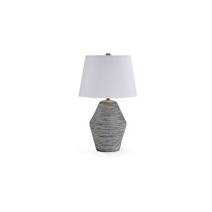 Signature Design by Ashley Lawrock 28" Terracotta Table Lamp with Drum Shade, Antique Blue and Distressed White Finish, Natural Wood Accent, 3-Way - 1 of 4
