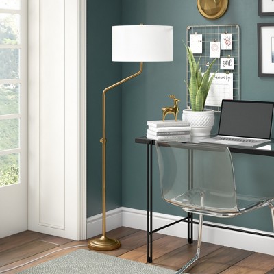 Hudson and Canal Height-Adjustable Floor Lamp with Fabric Shade Brushed Brass/White: Modern Design, Push Button Foot Switch