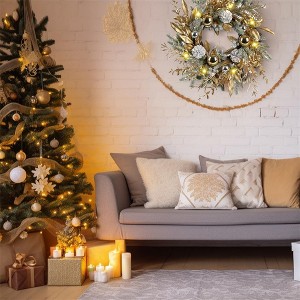 Christmas Wreath for Front Door, 20" Xmas Door Decorations with Warm LED Lights, Pine Cones Christmas Door Wreath - 1 of 4