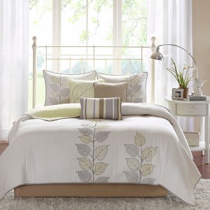 Sapphtopaz Comforter Set 6 Piece Bedding Set Floral Style Leaf Embroidered Reversible Quilt with Throw Pillows - 1 of 4
