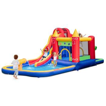 Costway 9-in-1 Inflatable Bounce Castle with Waterslide Splash Pool for 3+ without Blower/with 735W Blower