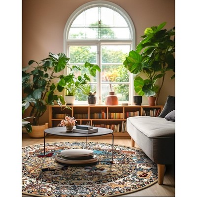 Round Tan and Blue Synthetic Stain-Resistant Area Rug