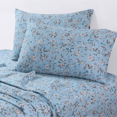 Twin Blue Organic Cotton Floral Deep Pocket Sheet Set
