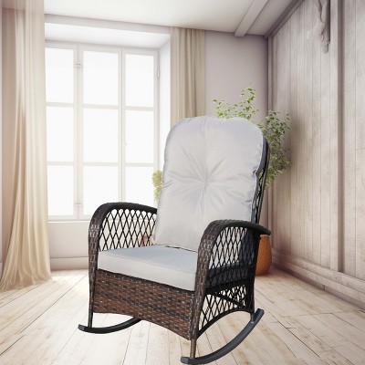Outdoor Rocking Chair, Wide Seat Accent Chair with PE Cushion and Steel Frame, Rattan Rocker Chair with High Weight Capacity-Coolbibila