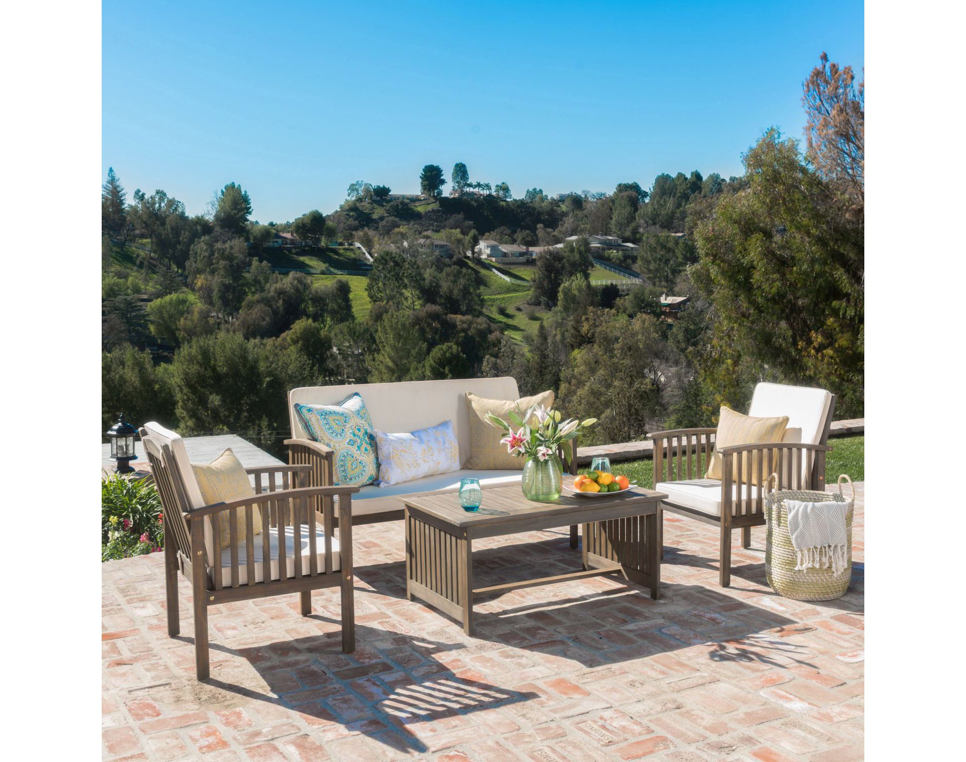 4-Piece Outdoor Patio Conversation Set, Acacia Wood Patio Sofa Set with Armchair, Loveseat, Coffee Table Cushions-Maison Boucle