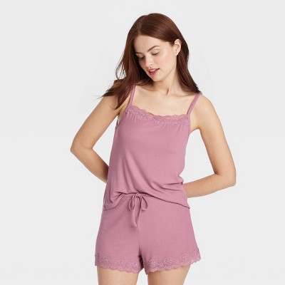 Women's Lace Trim Ribbed Cami Top and Shorts Pajama Set - Auden™ Mauve S: Modal-Spandex Knit, Squareneck, Pullover, Drawstring