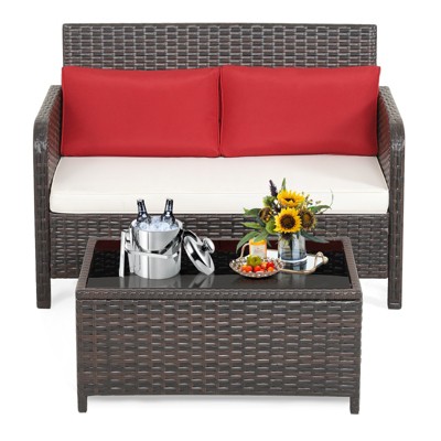 Tangkula 2PCS Patio Rattan Furniture Set Loveseat w/Coffee Table for Garden Porch Backyard Brown