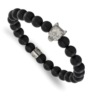 Chisel Stainless Steel Wolf Head Matte 8mm Black Agate Beaded 6.75" Stretch Bracelet - 1 of 4