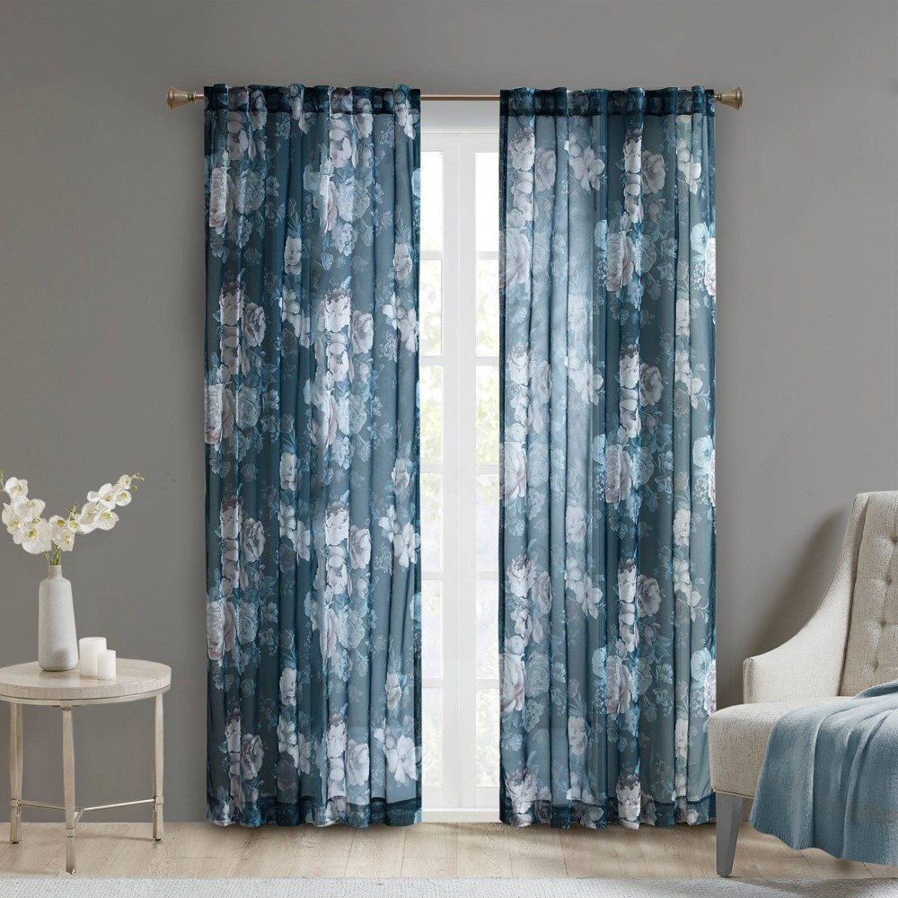 Photos - Curtains & Drapes 84"x50" Fleur Printed Floral Rod Pocket and Back Tab Voile Sheer Navy