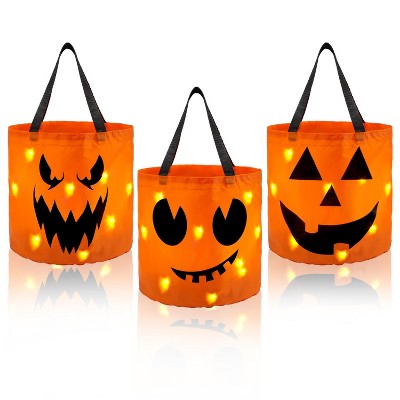 Joyfy Halloween Party Favor 3 PCS Trick-or-Treat Pumpkin Buckets LED Kids Goody Treat Reusable Candy Bags for Halloween Decorations Birthday Party