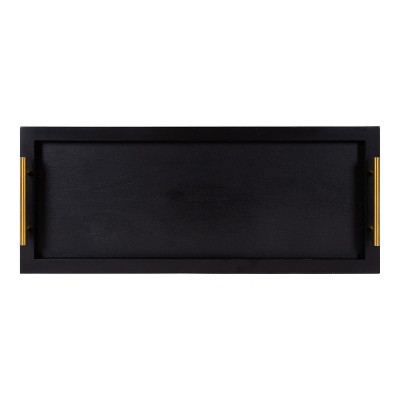 Elegant Black and Gold Rectangular Wooden Tray with Polished Handles, 24x10