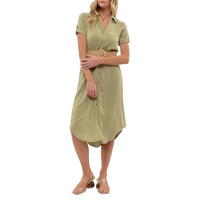 August Sky Women's Spread Collar Front Button Up Belted Midi Shirtdress