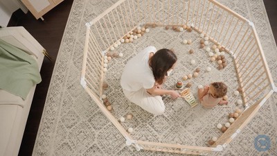 Foldable Gray Wooden Baby Playpen with Locking Gate