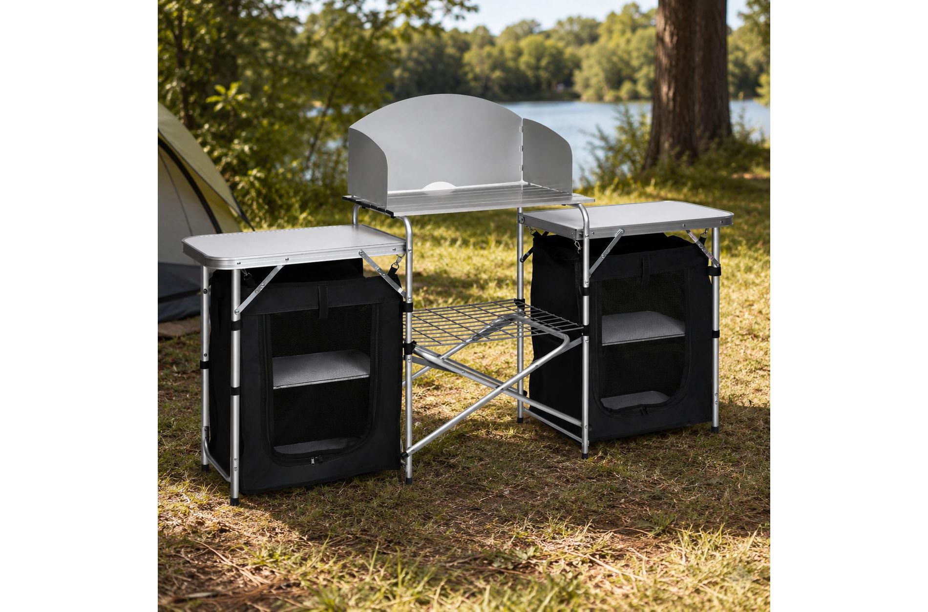 Black Folding Outdoor Grill Table with Storage Organizer and Portable Bag