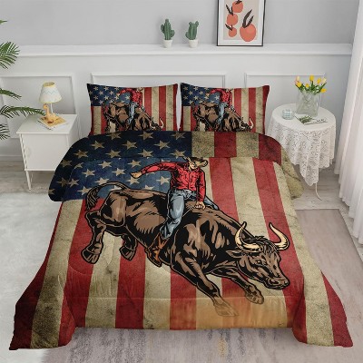Boersma American Flag Comforter Set Queen Size,Cowboy Riding Bull Bedding Set,American Flag Bedding Racing Bull,1 Quilt 2 Pillowcases