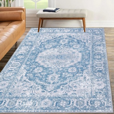 Washable Vintage Foral Rug Non Slip Low Pile Rug Soft Retro Throw Floor Cover Foldable Indoor Carpet for Living Room Bedroom Playroom Nursery