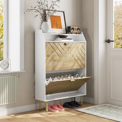 Narrow Shoe Cabinet with 2/3 Drawers, Slim Freestanding Shoe Storage Organizer with Wood Grain & White Finish, Hidden Entryway Rack with Top Shelf