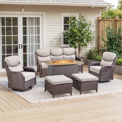 Outdoor Patio Furniture Set with 41" propare  Fire Pit Table - PE Wicker Patio Conversation Sets - 7 Seats Outdoor Sectional Chair Sofa Set