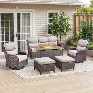 Outdoor Patio Furniture Set with 41" propare  Fire Pit Table - PE Wicker Patio Conversation Sets - 7 Seats Outdoor Sectional Chair Sofa Set - 1 of 4