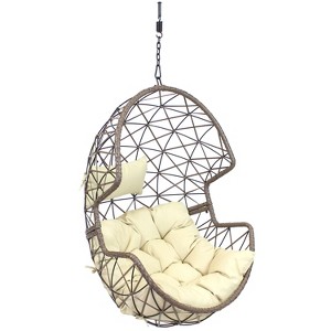 Sunnydaze Outdoor Resin Wicker Patio Lorelei Hanging Basket Egg Chair Swing with Cushions and Headrest - Beige - 2pc - 1 of 4