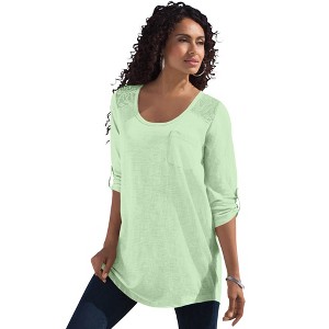 Roaman's Women's Plus Size Textured Lace Trimmed Tunic - 1 of 4